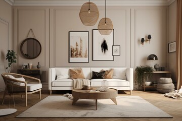 3D render of living room with white sofa, wooden furniture, and trendy accessories on a beige background. Generative AI