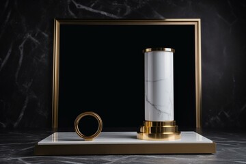 Luxury white marble pedestal with gold frame and blank memorial board, surrounded by cylinder steps. Minimalist design on black background. Generative AI