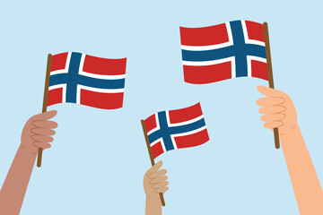Diverse hands raising flags of Norway. Vector illustration in flat style on blue background.