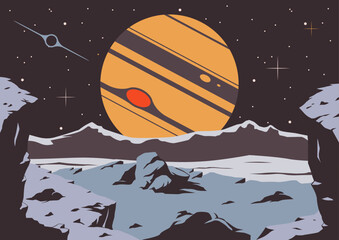 Retro Futurism Astronomy Fantastic Planet Landscape Poster. Universe Design Vintage Illustration © koyash07