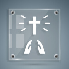 White Hands in praying position icon isolated on grey background. Prayer to god with faith and hope. Square glass panels. Vector