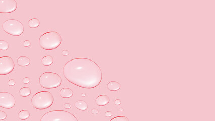 Drops of transparent gel or water in different sizes. On a pink background.