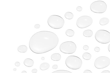 Drops of transparent gel or water in different sizes. On a white background.
