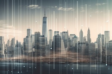 Double exposure of financial charts over New York skyline, representing international business and consulting. Generative AI