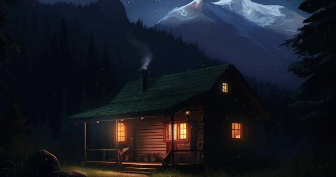 Wooden cabin with lit windows at night in mountain landscape, created using generative ai technology