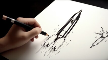 Illustration of hand drawing a rocket on paper, startup and creativity concept. Generative AI