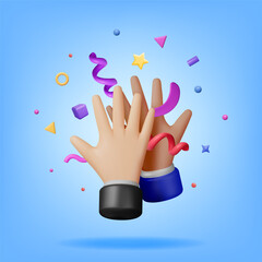 3d High Five Hands with Confetti Isolated. Render Hand Greeting Symbol. Human Fist in Goodwill Gesture. Emoji Icon. Open Palm Hand. Colleagues or Friends. Cartoon Character Sign. Vector Illustration