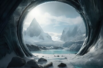 Landscape with mystical ice portal, mountains and glaciers in the background, fantasy concept. Generative AI