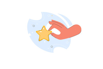 Hand holding gold star vector illustration. Business objects icon concept. The best excellent services rating customer experience concept. Online feedback concept, hand hold one star.