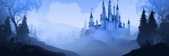 Fairy tale castle, blue wallpaper background, widescreen banner. - obrazy, fototapety, plakaty