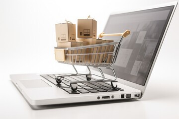 Shopping cart with cardboard boxes and laptop, white background, online stores concept. Generative AI