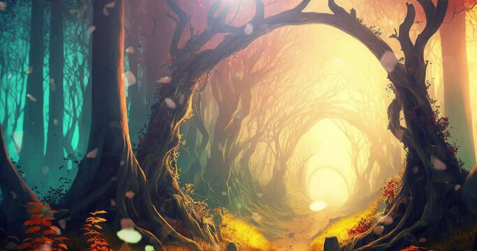 Animation of fantasy landscape with forest, created using generative ai technology