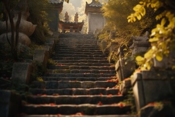 Fototapeta premium Mountain landscape with stone stairs, Chinese temple on top, forest. Generative AI