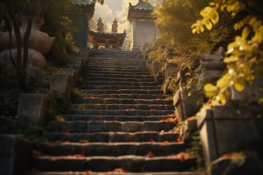 Mountain landscape with stone stairs, Chinese temple on top, forest. Generative AI