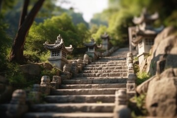 Mountain landscape with stone stairs, Chinese temple on top, forest. Generative AI