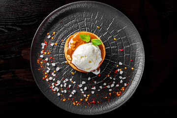 chocolate fondant cake with ice cream and caramel