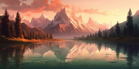 Fototapeta na wymiar Digital painting of moutain at sunset reflecting on the water of a lake
