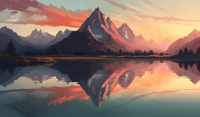 Fototapeta na wymiar Digital painting of moutain at sunset reflecting on the water of a lake
