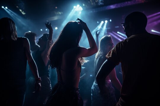 group of people dancing on a nightclub with light reflexion