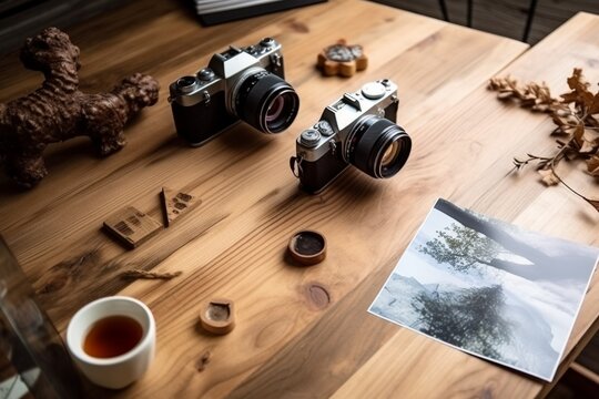  Mockup of a camera on a wood table with travel destination pictures