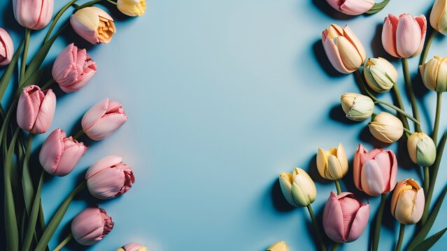 Generative AI tulip flowers on pastel background, flat lay style, framework for invitation or congratulation