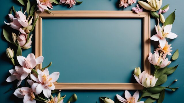 Generative AI wooden frame surrounded by lily flowers on blue background, framework for invitation or congratulation