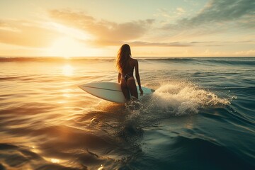 Fototapeta premium Woman swimming with a surf on the beach