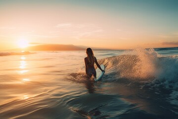 Woman swimming with a surf on the beach