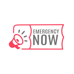 Emergency now badge icon with megaphone design. Flat style vector illustration
