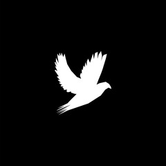 Flying dove silhouette, icon isolated on black background 