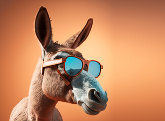 Creative animal concept. Donkey mule in sunglass shade glasses isolated on solid pastel background, commercial, editorial advertisement, surreal surrealism. 
