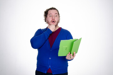 Business and work. Funny fat man posing in the studio.