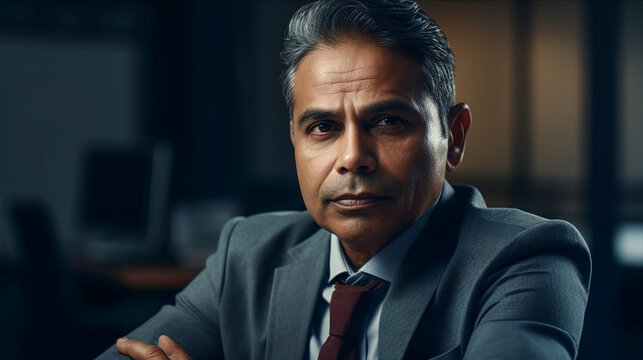 Contemplative Successful Middle-aged Indian Executive Businessman In His Office - Generative AI.