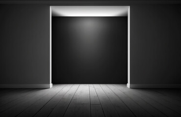 Pared de habitación de color negro con pequeña iluminación con espacio en blanco, pared lisa de fondo con iluminación tenue. Generative ai.