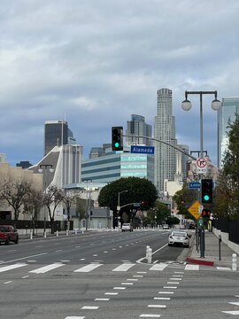 LOS ANGELES, CA, JAN 2023: view towards financial district from streets in Little Tokyo, Downtown, on an overcast day