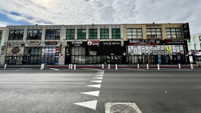 LOS ANGELES, CA, JAN 2023: wide view of shops selling smoking, vaping, and similar supplies for tobacco and cannabis users in Downtown