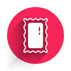 White Big full length mirror for bedroom, shops, backstage icon isolated with long shadow background. Red circle button. Vector