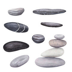 Set zen stones sea pebbles isolated on white background. Watercolor hand drawn spa composition illustration for design