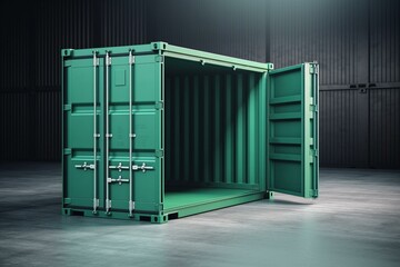 3D illustration of green cargo container for storage and transport with open and closed doors. Generative AI