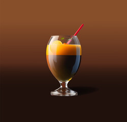 Glass goblet with fruit cocktail and red straw. 3d photorealistic vector illustration