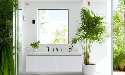 Modern minimal white marble stone bathroom with mirror  and flowers (Generative AI)
