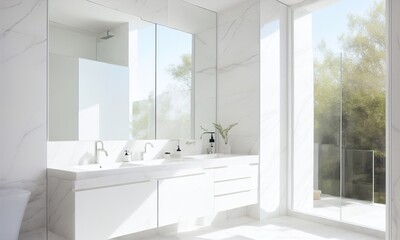 Modern minimal white marble stone bathroom with mirror  (Generative AI) - obrazy, fototapety, plakaty