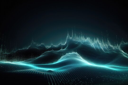 Data technology background with dots and binary code on 3D wave landscape - Generative AI