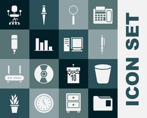 Set Document folder, Trash can, Pen, Magnifying glass, Pie chart infographic, Marker pen, Office chair and Computer monitor icon. Vector