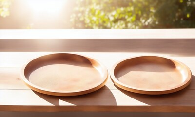 Two round wooden plate tray on white table (Generative AI)