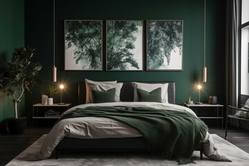 Contemporary bedroom featuring a green accent wall adorned with artwork and foliage, illuminated by natural daylight in a realty setting. Generative AI