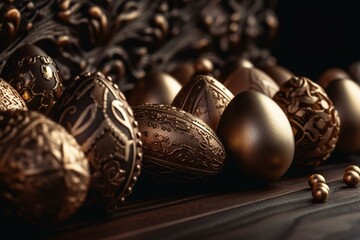 A border with Easter eggs in gold hues arranged horizontally. Generative AI