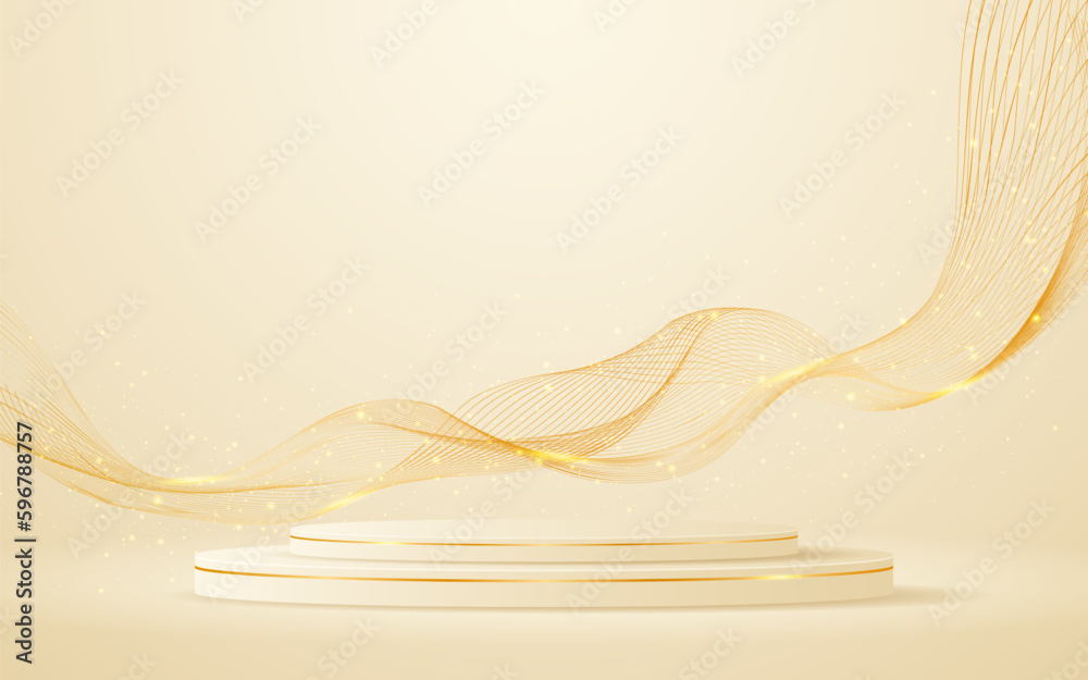 Poster cream podium with elegant gold wave lines on the back for advertisement display. display of cosmetic