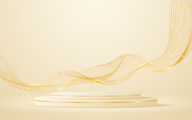Cream podium with elegant gold wave lines on the back for advertisement display. Display of cosmetic products. Stage or podium. vector illustration

