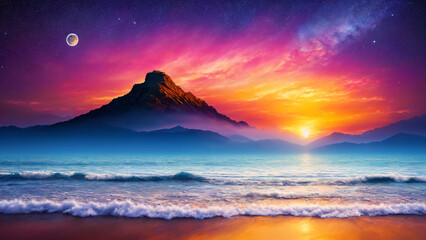 Fototapeta premium Amazing AI generated illustration of an oil painting landscape from a beach with huge mountains at dusk